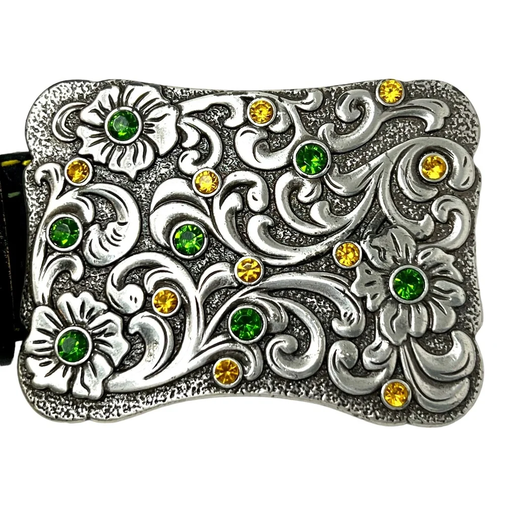 John Deere women's Black Embossed Leather Belt with Rhinestone Buckle sz XL NWOT